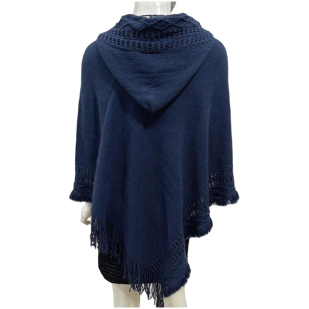 2023 Women's Solid Color Hooded Tassel Cutout Plus Size Slimming Cape Shawl