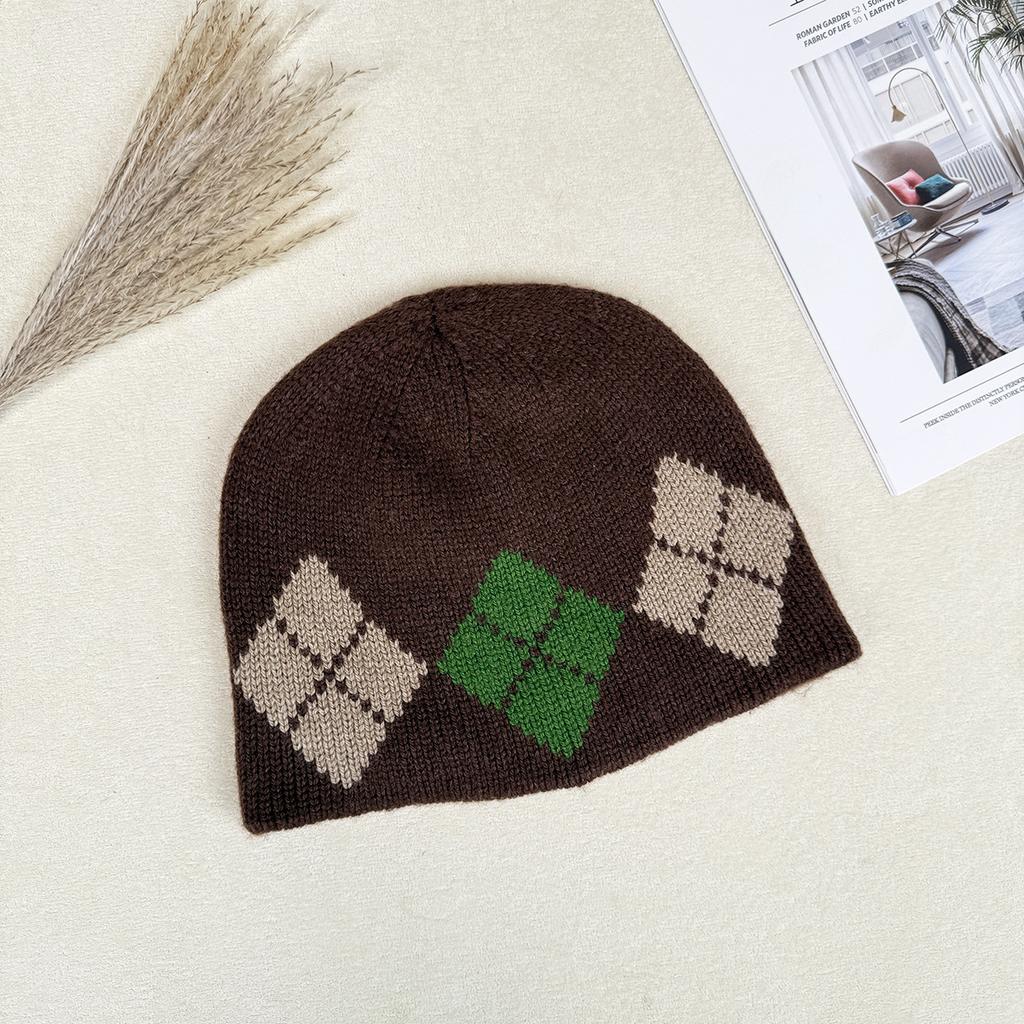 Winter warm and cold ear protection casual retro cold hat Korean ins rhombus color matching knitted bag head hat new