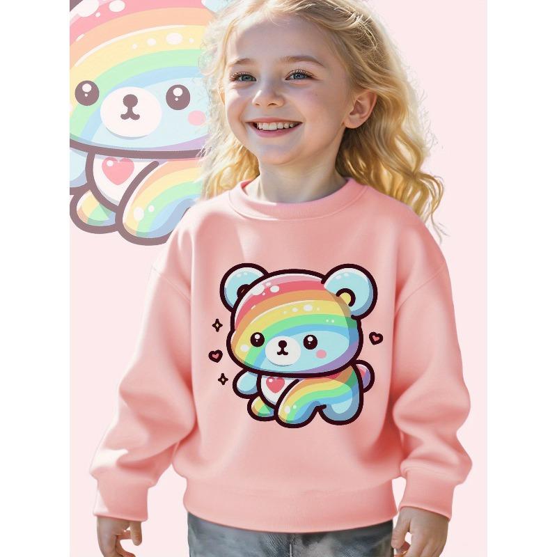 European sizes Kids' Rainbow Bear: an Adorable And Vibrant Cartoon Character Design Long Sleeve Crewneck Sweatshirt - Cozy Casual Pullover Top
