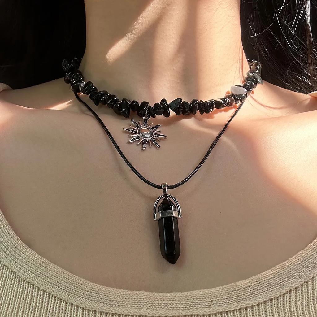 2 Piezas Gótico Boho Piedra Irregular Cadena Ajustable Collar para Mujeres Vintage Girasol Cristal Colgante Gargantilla Y2K Joyería Regalo Nuevo