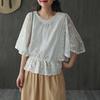 Flower Half Sleeve Shirt Women Elegant Fashion Chiffon Blouse Summer Cotton Edge Lace O Neck Loose Shirt