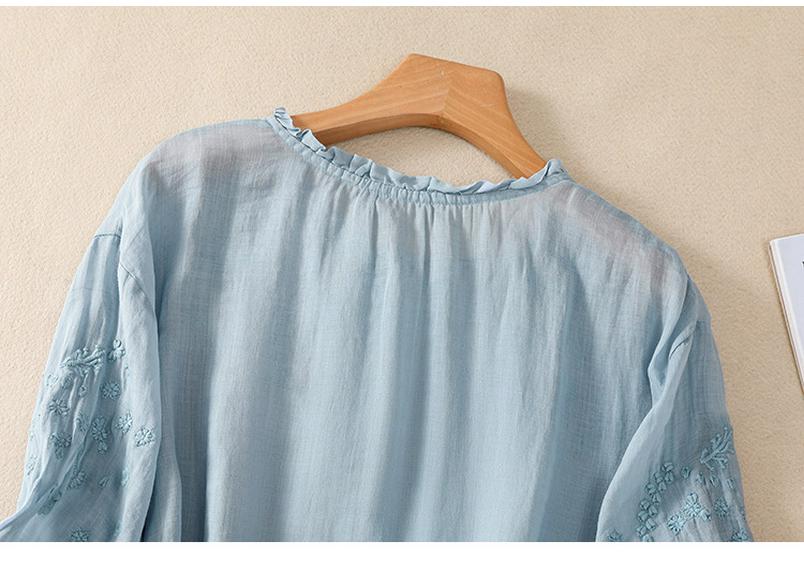 2025 Summer Artistic V-Neck Embroidered Floral Women's Shirt with Five-Point Sleeves
