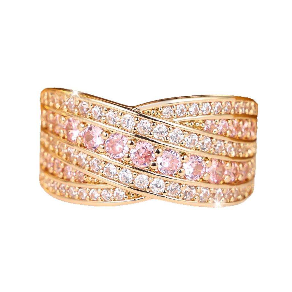 European and American Style Layered Pink Diamond Ring Multi-track Interlocking Design with Densely Set Cubic Zirconia, a Luxurious and Versatile