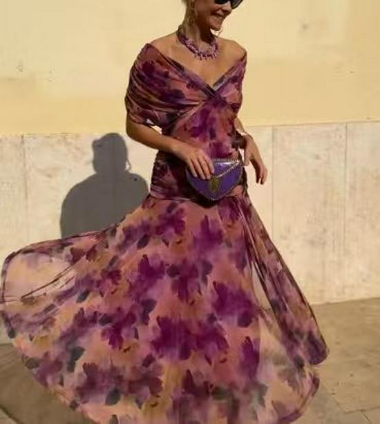 2025 European Style Women's Chiffon Off-the-Shoulder Bandage Dress - Floral Print