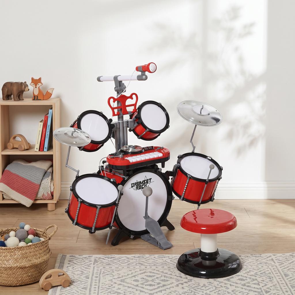 Children's Drum Kit with Stool, Electronic Keyboard, Microphone, USB, 77.5 x 40 x 76.5 cm, Red