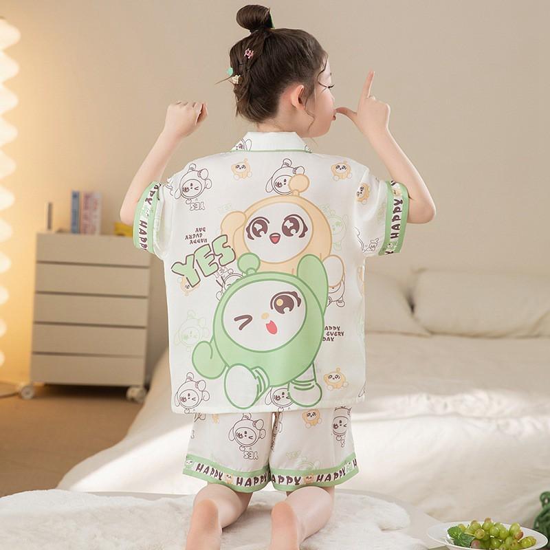 Girls Ice Silk Pajama Set Short Sleeve Cartoon Print Sleepwear 8-14 Years Old Kids