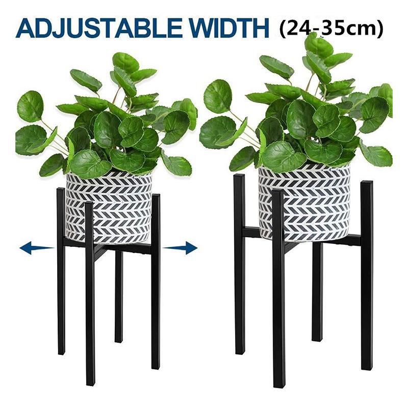 Space-Saving Adjustable Plant Stand Metal | Mid-Century Shelf for 10"-16" Pots Indoor Outdoor | Black Modern Design