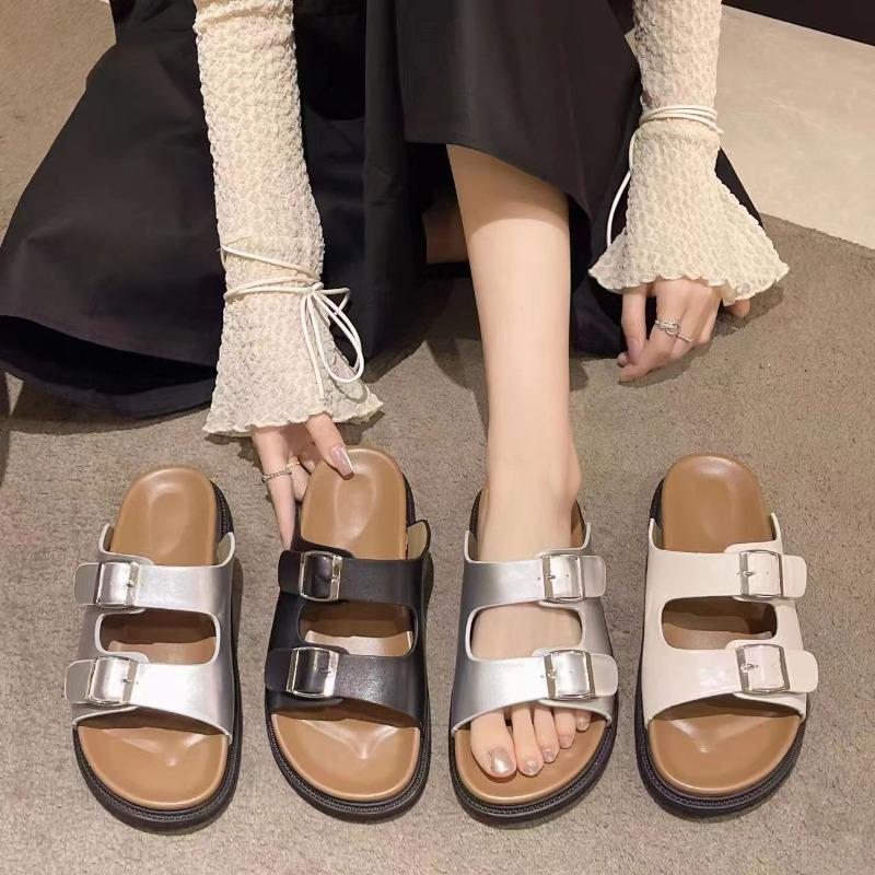 Summer thick-bottomed cool slippers women wear new retro casual belt buckle open-toe slippers