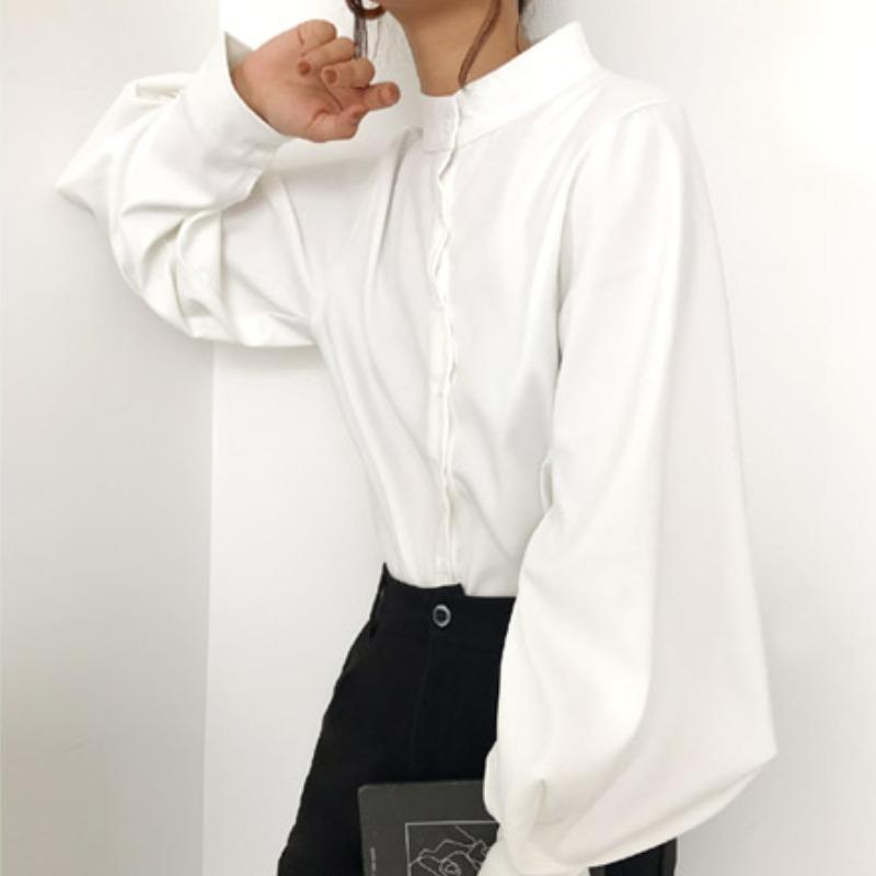 Vintage Stand Collar Loose Lantern Sleeve Shirt for Women Fashion Autumn New Solid Elegant Casual Women's Blouse Button Up Fashion Lady Blouses 25341