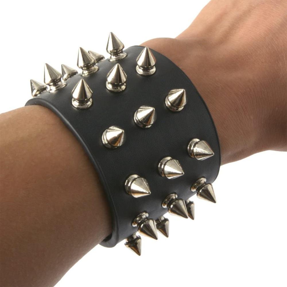 Punk Gothic Metal Cone Studs Rivet Leather Bracelet Wide Cuff Wristband for Men Fashion Jewelry Charm