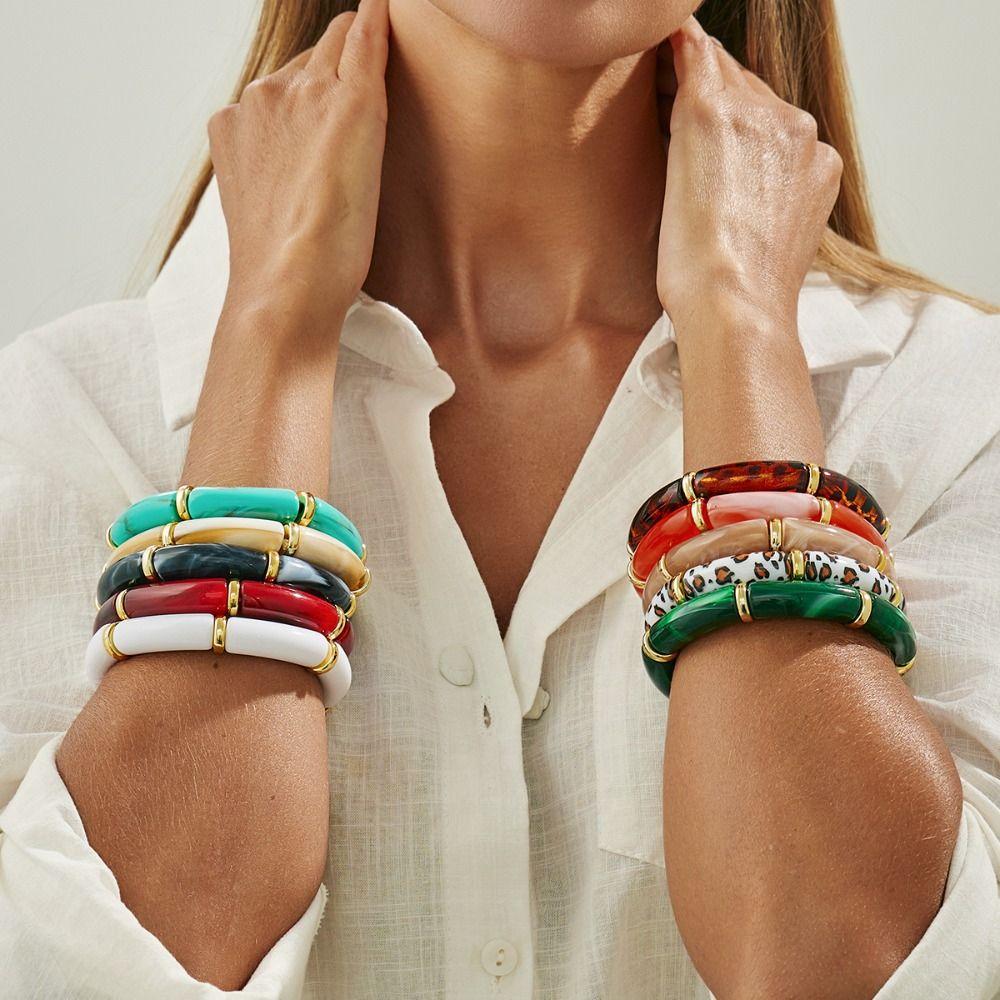 Leopard Print Boho Bracelets Acrylic Curved Tube Bangle Jewelry Acrylic Bracelets Lady Gifts
