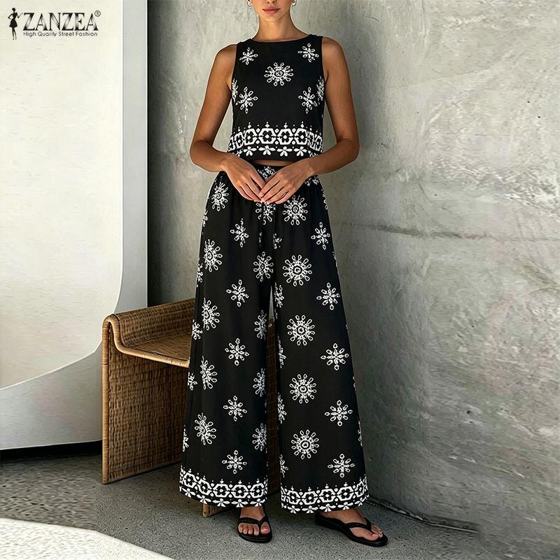 ZANZEA Two Piece Suit Women Sleeveless Print Tank Tops and Long Pants Casual Sets