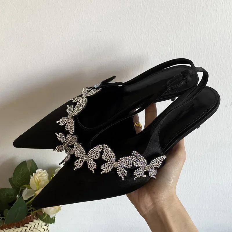 Sexy Seide Strass Schleife Spitzzehe Dünner Niedriger Absatz Damen Einzelne Schuhe 2025 Elegant Kleid Bankett Schleife Marke Hohe Absätze Weiblich