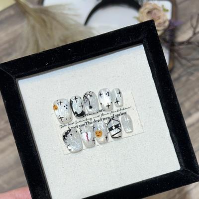 Night Short Cute Style Wear Armor Halloween Pumpkin Monster Manicure Hand-painted Fake Nails Removable Nails