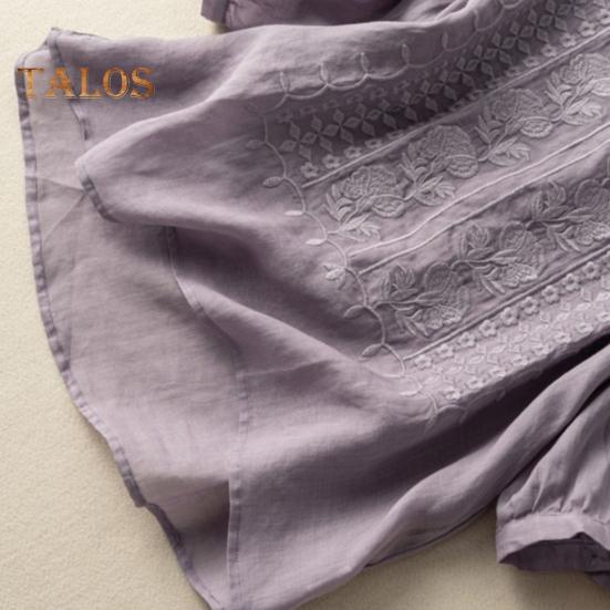 Dameskjorte med rund hals og halve ermer Broderi Blomstermønster Topper Ensfarget Tynn retro bluse Daglig slitasje