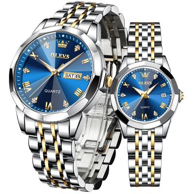 OLEVS Paaruhr Beliebte Paaruhr Quarz Diamant Edelstahl Wasserdicht Datum Leuchtend Weiß Geschenk Paaruhr Set Geschenk (blau)