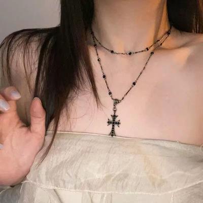 Dark Cross Necklace Women Tide Long Double Layers Stacked Sweet Cool Sweater Chain Niche Light Luxury Premium Feeling Collarbone Chain