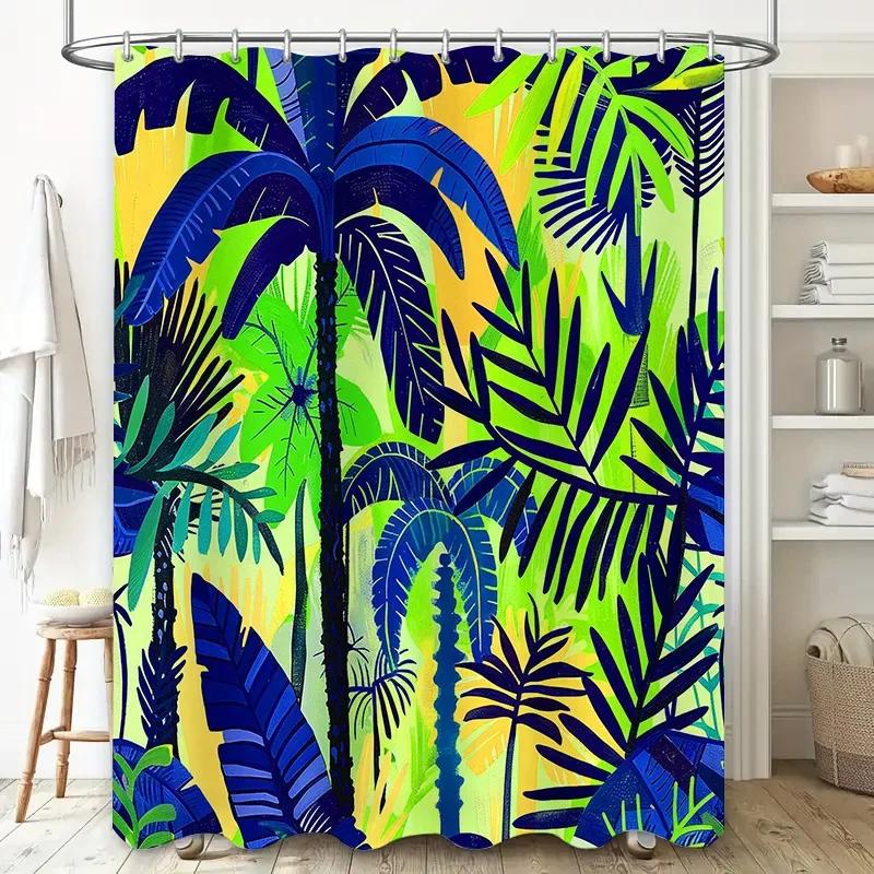 Bright Blue Green Tropical Palm Leaf Shower Curtain Bathroom Decor 3D Printed Bath Liner Waterproof Window Canopy Drape