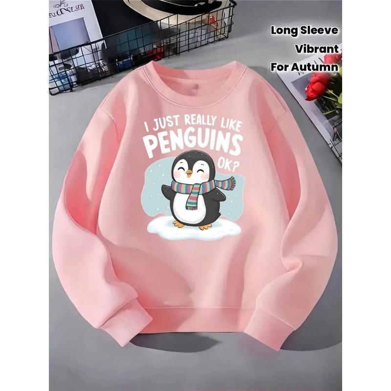 Cute Penguin Winter Scarf Fun Design Girls' Fashionable Crewneck Sweatshirt, Autumn and Winter Western Style Top, Children's Long Sleeved T-shirt