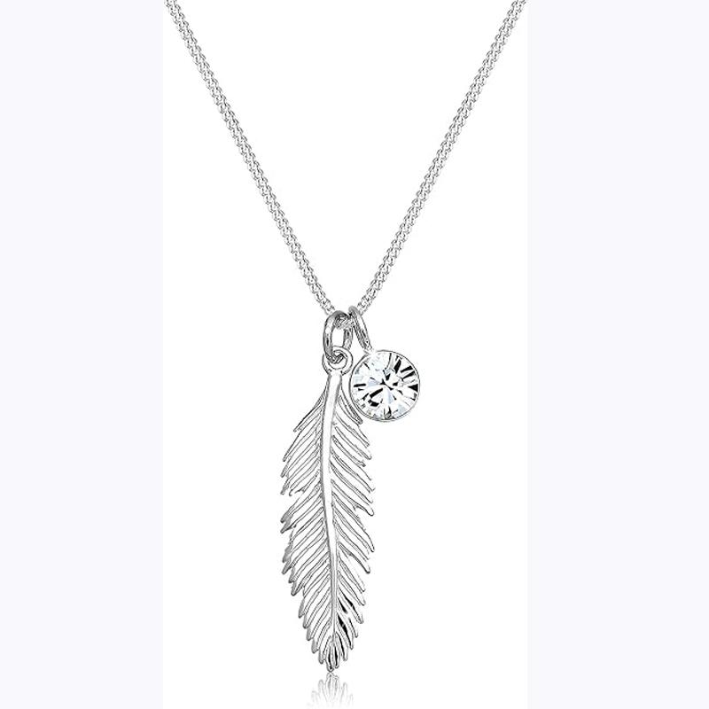 Women s Feather Crystal 14K gold Plated or 925 Sterling Silver Pendant Necklace For Women Girls серебряный