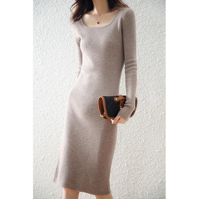 Women's Pure Wool Long-Sleeve Knit Dress, Mid-Length, Over-the-Knee, Slimming; Ideal as a Base Layer for Autumn and Winter.