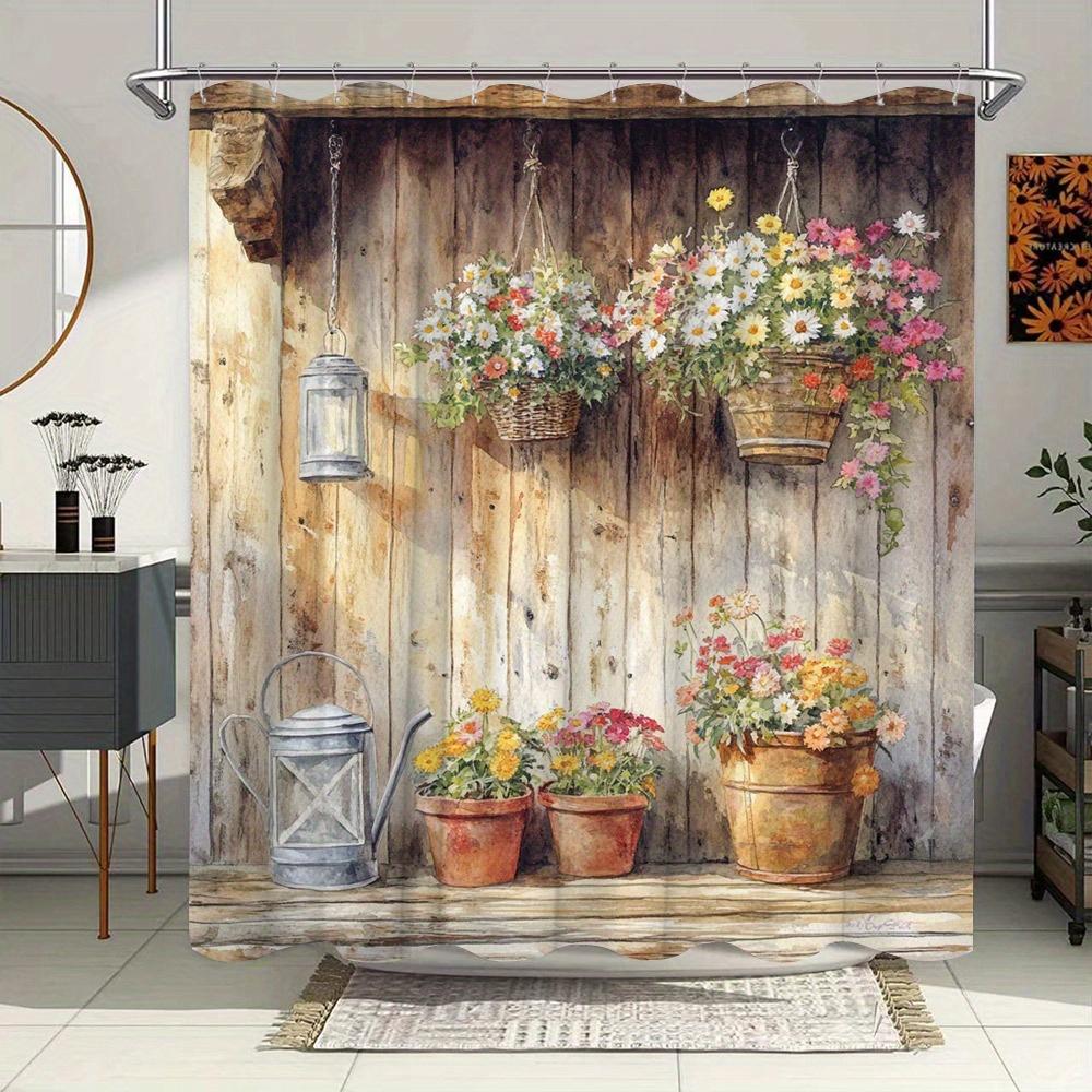 

Винтажная садовая шторка для душа - Подвесные цветочные корзины, Яркие цветы, Фонари, Комнатные растения, Идеальный декор для ванной комнаты W90xH180cm