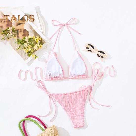 2Pcs/Set Women Sexy Bikini Set Halter 3D Flower Decor Bra High Waist Lace-up Briefs Set Solid Color Pleated Beachwear Swimsuit