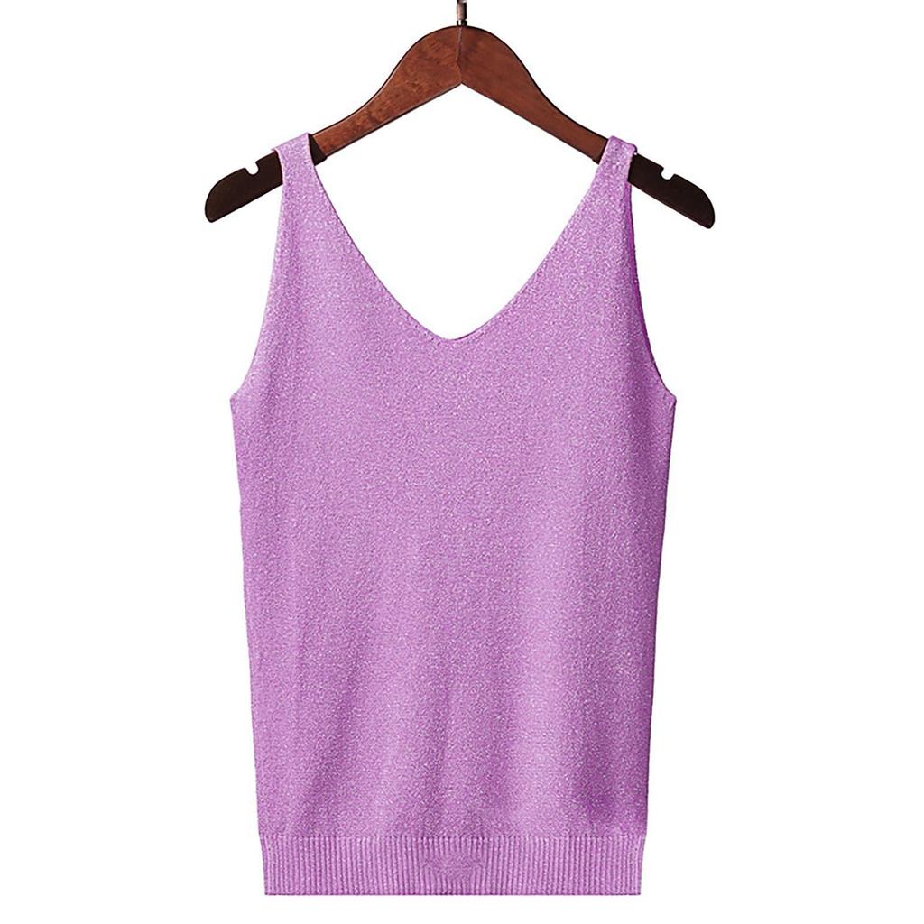Women's Tank Top With Knitted Sequins Sexy Sleeveless V Neck Tank Top T-Shirt Casual Sequins Strappy T-Shirt Elegant Blouse