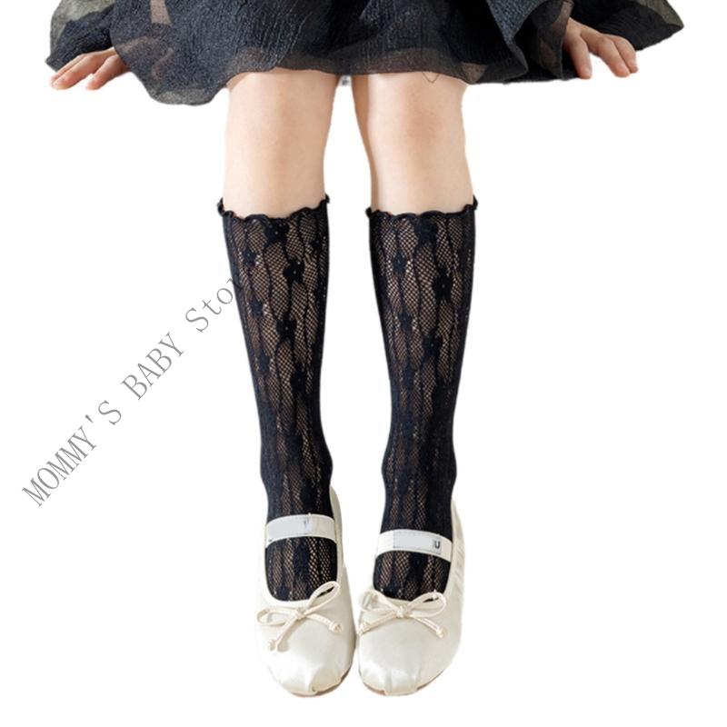 H3CD Lovely Girls Middle Calf Socks Solid Color for Kids Soft Breathable Nylon Hosiery for Birthdays and Photoshoots