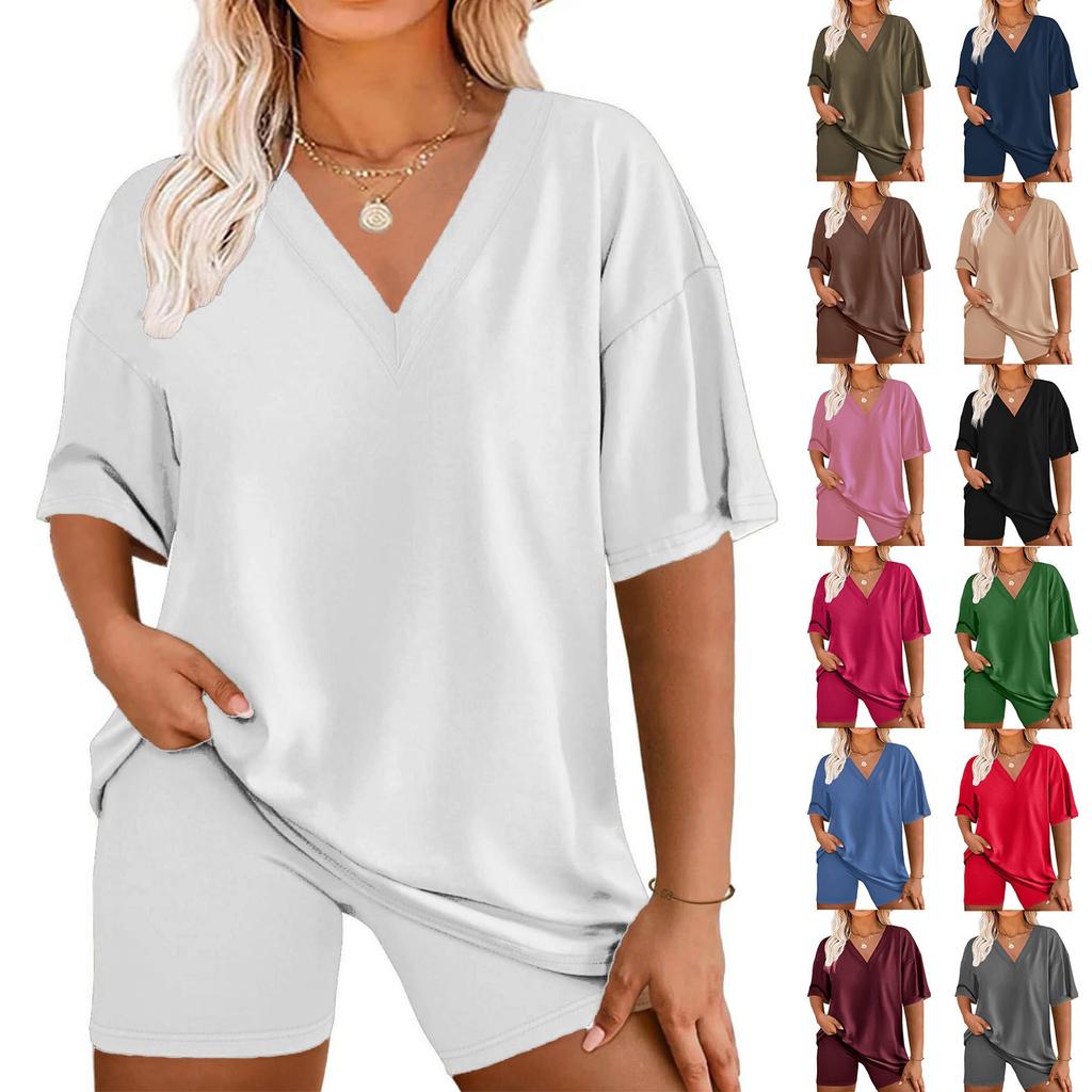 Women's Loose Fashion Solid Color Split V-Neck Short Sleeve Top Shorts Two Piece Set