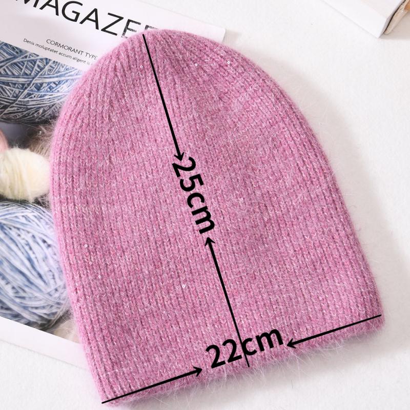 Angora Rabbit Fur Winter Woman Hat Cashmere Skullies Beanies Soft Solid Warm Fluffy Thick Sequins Knitted Hat Gift Wholesale