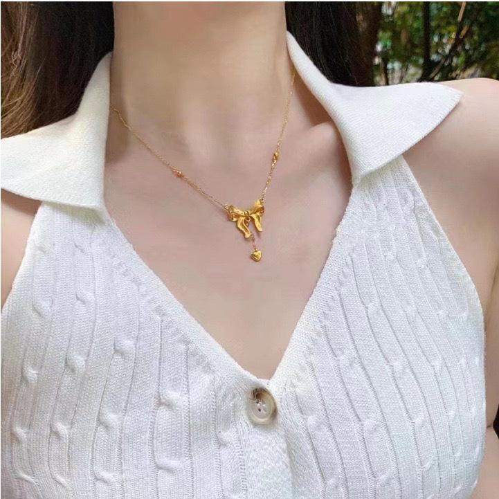 Runaway Princess Bowknot Heart Tassel Clavicle Necklace - Women's Luxury Fashion.
