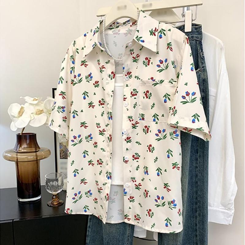 

Женская рубашка с коротким рукавом с цветочным принтом, кардиган с лацканами и карманом, женские рубашки свободного кроя в отпускном стиле, женский универсальный топ XXL