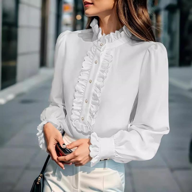 YYFS Women's Fashion Casual Spring Fall Solid Color Print Long Sleeve Stand-Neck Blouses & Shirts