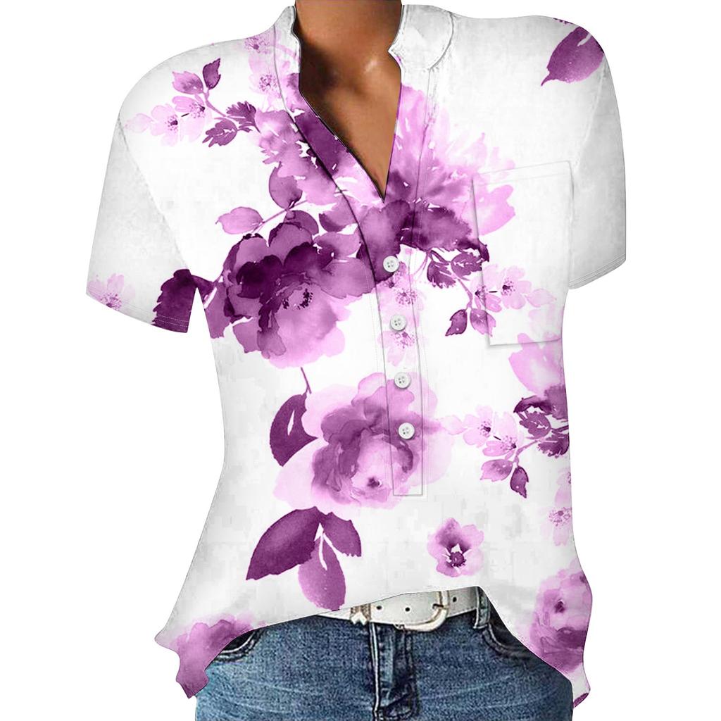 Lässige, bedruckte, kurzärmelige Hemdpullover mit V-Ausschnitt und lockeren Blusenoberteilen für Damen