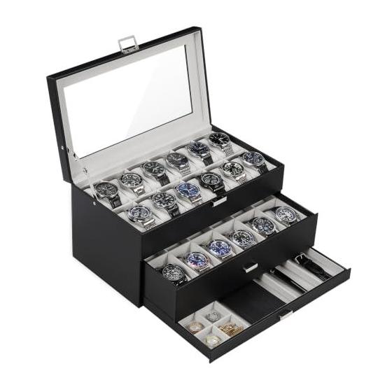 Used ProCase 3 Tier Watch Case Holds 24 Pieces Large Capacity Drawer Glass Top Jewelry Organizer - Black ym 07f23d76