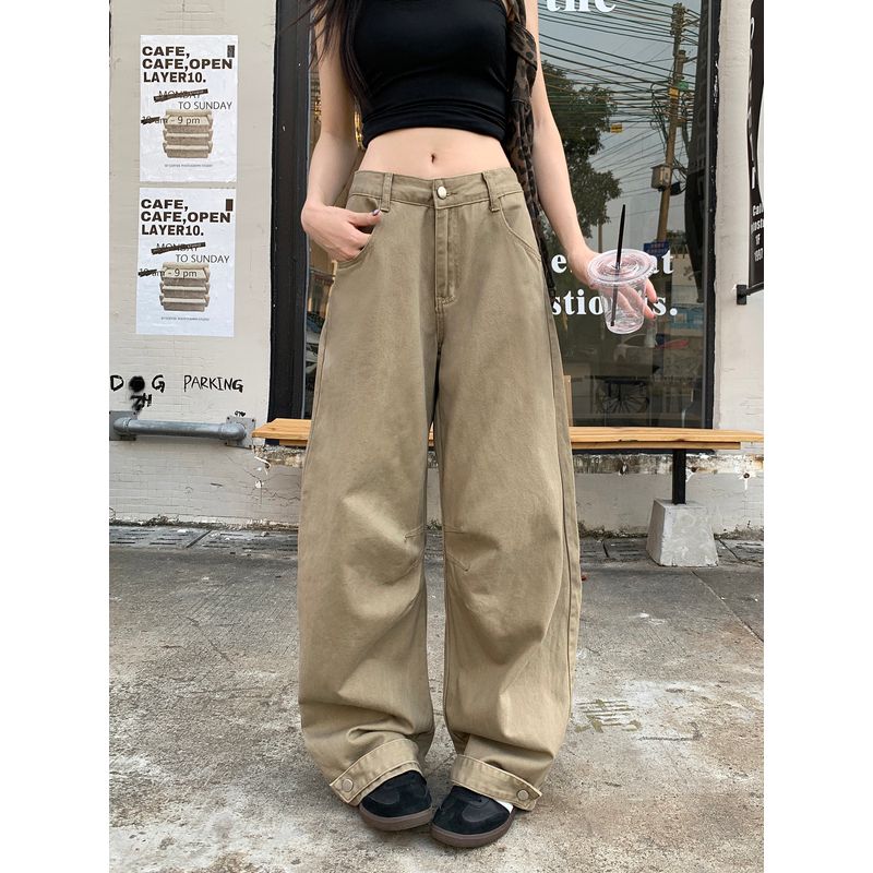 

Kumikumi Retro Distressed Brown Drape Denim Women s Clothing Fall Minority All-Match Slimming Straight Pants Pants Curry color XL