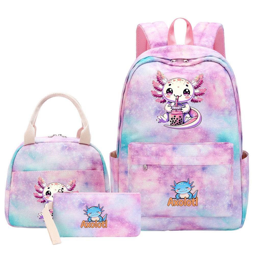 3Pcs Axolotl Backpack for Girls Teen, School Bag with Lunch Box & Pencil Case, Kids Student Daypack, Mochila Back To School Gift