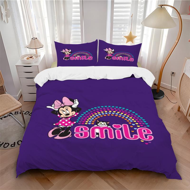 3pcs set Minnie Mouse, Rainbow, Hearts Bedding Set with Duvet Cover+Pillowcases, All-Season Polyester, Zipper Closure69 135x200cm