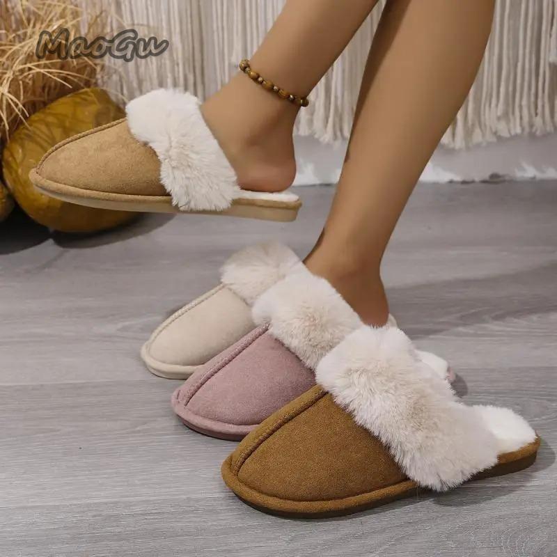 Pantoufles d'intérieur décontractées en suède et fausse fourrure pour femmes 2025 Hiver Semelle souple Plates Chaussons chauds en peluche courte Pantoufles confortables en coton