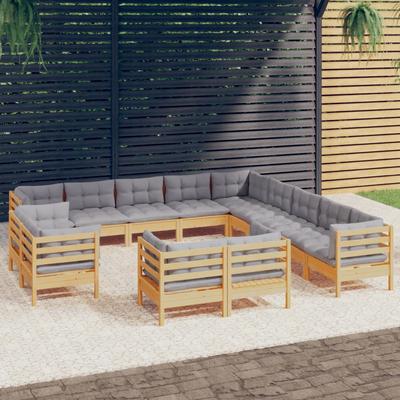 Vidaxl 13-Cz. Garden Lounge Set, Grey Cushions, Pine