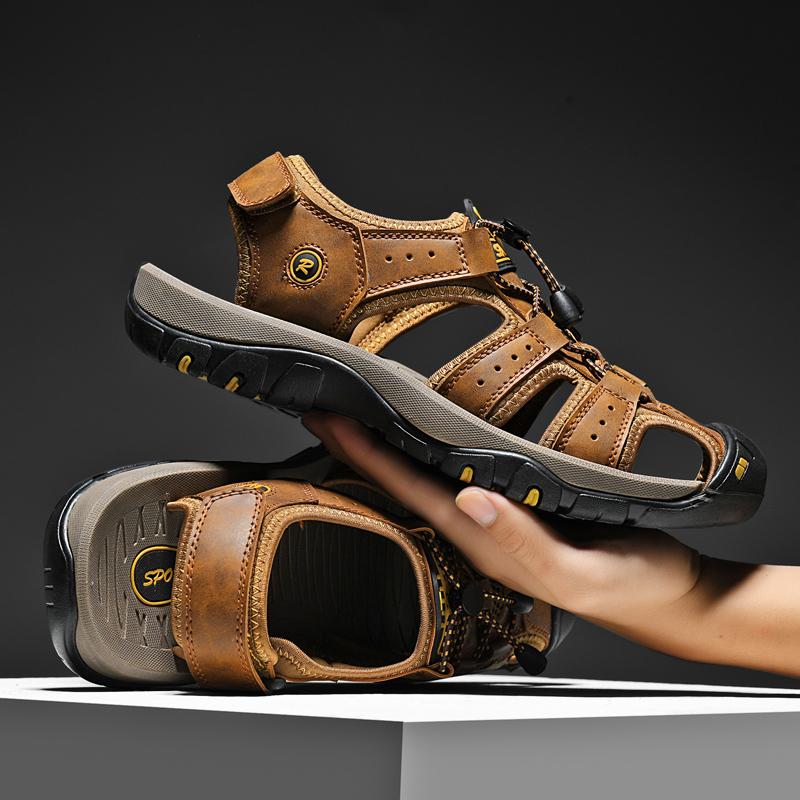 Big Size Men's Sandals Summer Anti-collision Outdoor Walking Treking Casual Shoes Leather Hiking Men Slippers Beach Wading Shoes
