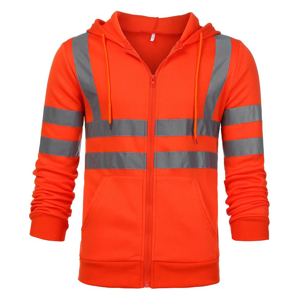 Fleece-lined Outdoor Sanitation Workwear Men's High Visibility Reflective Strip Zipper Hooded Sweatshirts