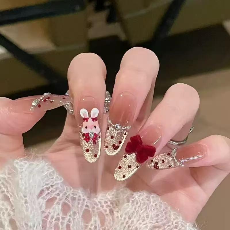 2026 New Year Wearable Lion Dance Cat Eye Manicure: Handmade Removable False Fingernail Stickers.