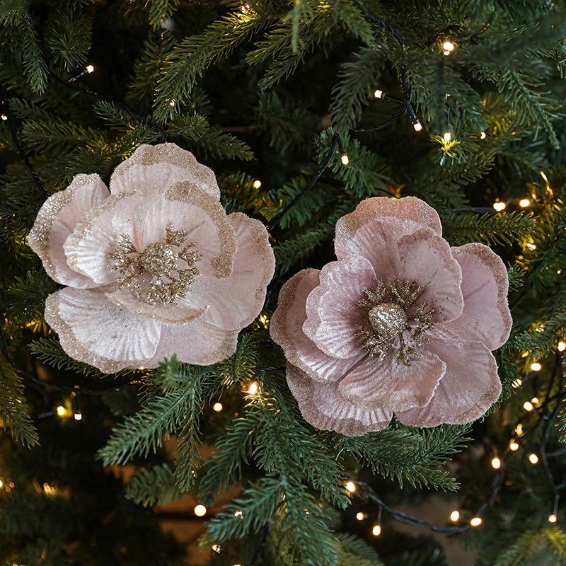 Fabric sticky powder Christmas flower 18CM magnolia simulation flower Christmas tree wreath rattan flannel flower arrangement Christmas decoration