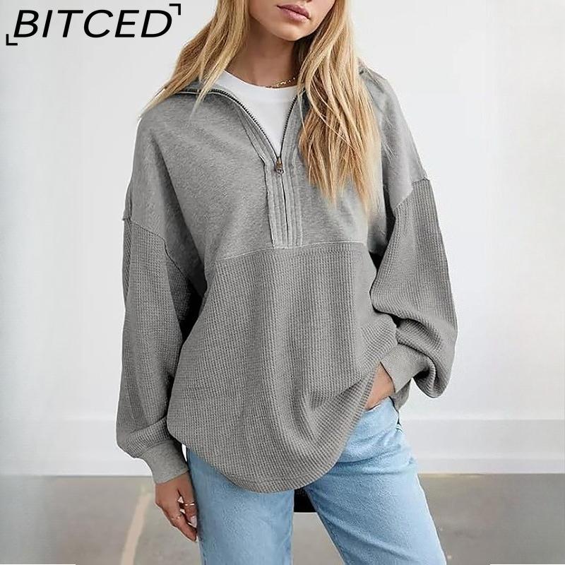 BITCED Women's Fashion Pullover Sweatshirt Fall Solid Color Zipper V-Neck Hoodie