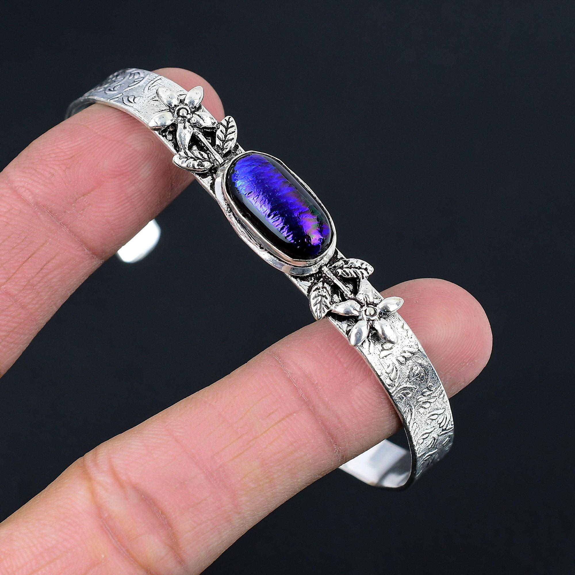 

925 Silver American Dichroic Glass Gemstone Artisan Wife Flower Bangle Bracelet Adjustable