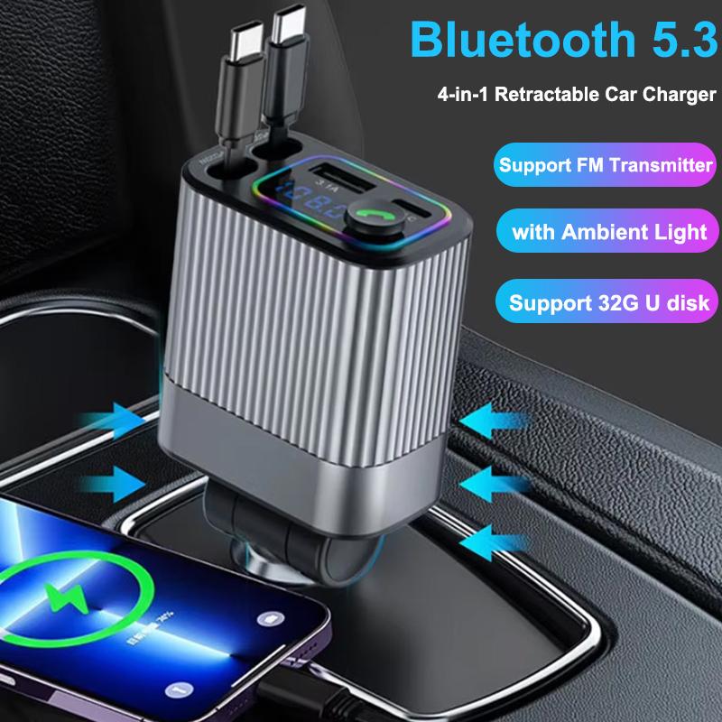 4-in-1 Auto-Ladegerät Bluetooth FM-Sender mit einziehbarem Kabel USB Typ C Schnellladeadapter für Mobiltelefon iPhone