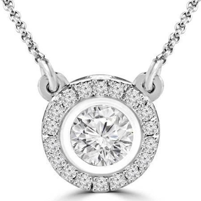 Round Center Stone Full Halo Paved Cubic Zirconia Pendant Clavicle Necklace