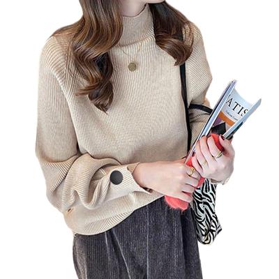 TeMibery Lyric Turtleneck Knit Long Ribbed High Buttoned Loose Office Commuting Women's Sweater, Sleeve, Knit, Neck, Sleeves, Pullover, Fall/Winter